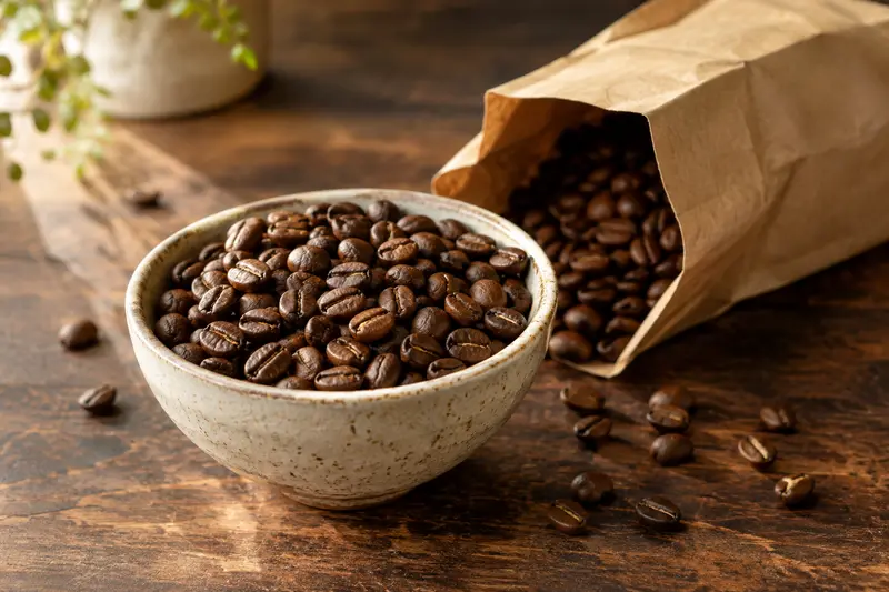 Grains de café torréfiés près d’un sachet kraft ouvert
