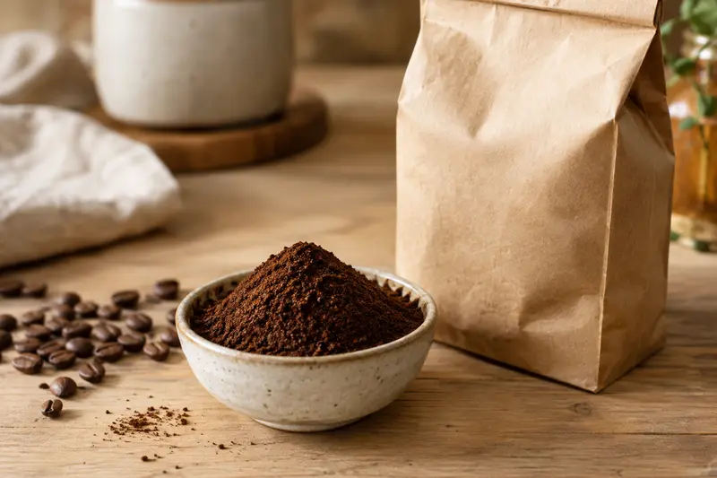 Café moulu dans une coupelle en céramique près de son paquet