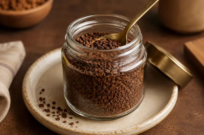 Pot ouvert de café soluble avec une cuillère sur un plateau crème