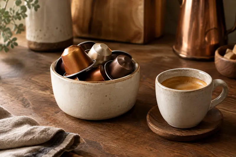 Capsules de café présentées dans un contenant en céramique