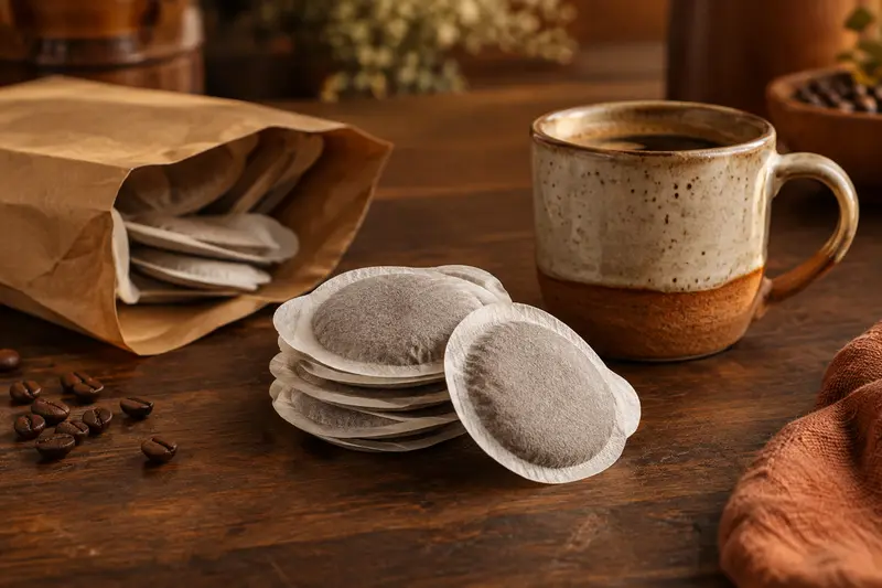 Dosettes de café souples près d’une tasse en grès
