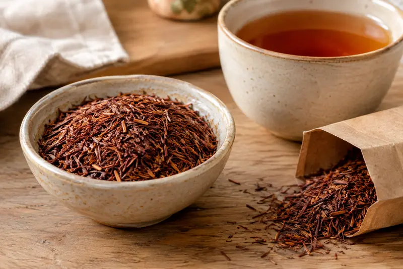 Rooibos en fines aiguilles près d’une tasse ambrée