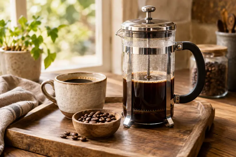 Cafetière manuelle à piston près d’une tasse de café
