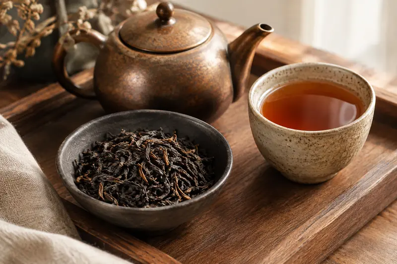 Feuilles de thé noir et tasse de thé ambré sur un plateau