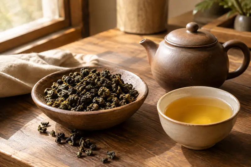 Feuilles roulées de thé oolong près d’une tasse dorée
