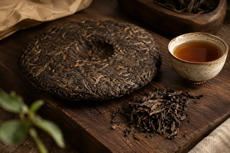 Galette de thé pu-erh et feuilles détachées sur une planche