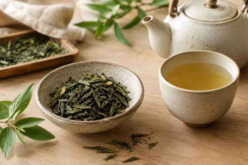 Feuilles de thé vert en coupelle près d’une tasse claire