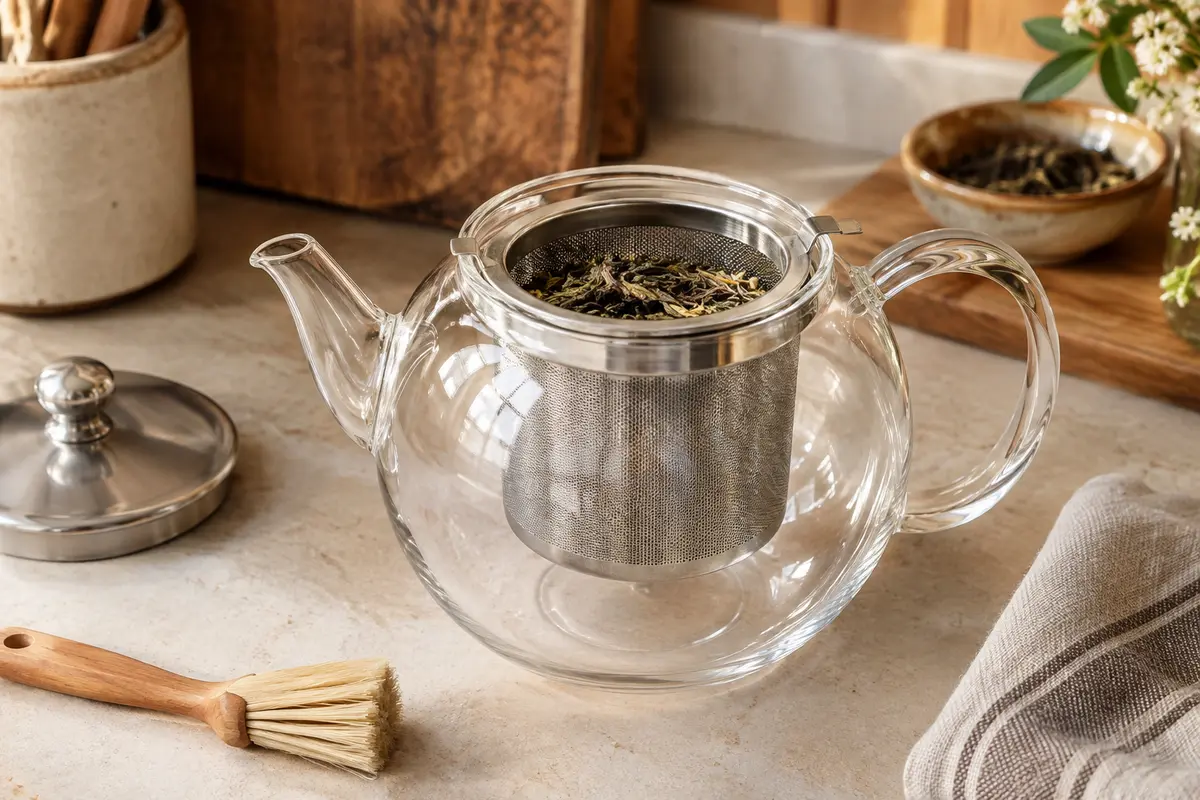 Théière en verre avec panier infuseur amovible et feuilles entières, près d’une brosse de nettoyage