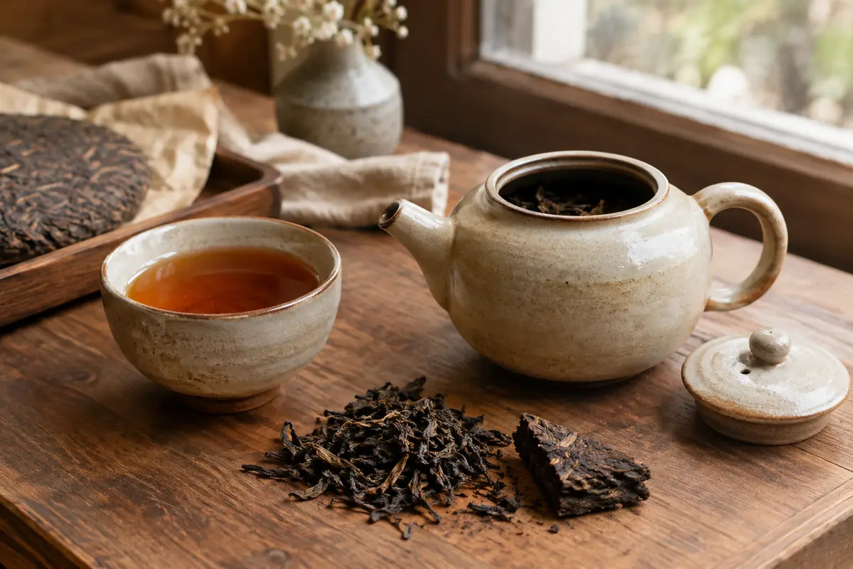 Théière en céramique et tasse de pu-erh ambré accompagnées de feuilles en vrac et d’un morceau de galette.