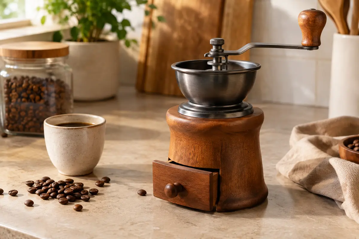 Moulin à café manuel avec manivelle posé près de grains et d’une tasse sur un plan de travail
