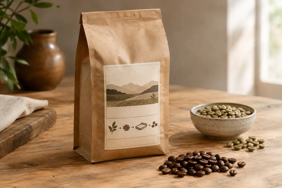Paquet neutre de café en grains accompagné de grains verts et torréfiés sur une table