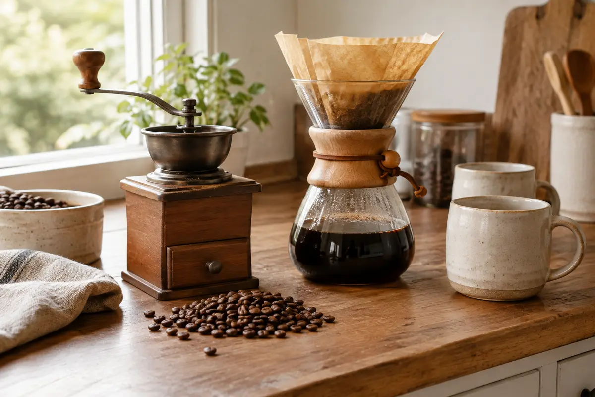 Grains de café, moulin manuel et cafetière filtre réunis sur un plan de travail clair