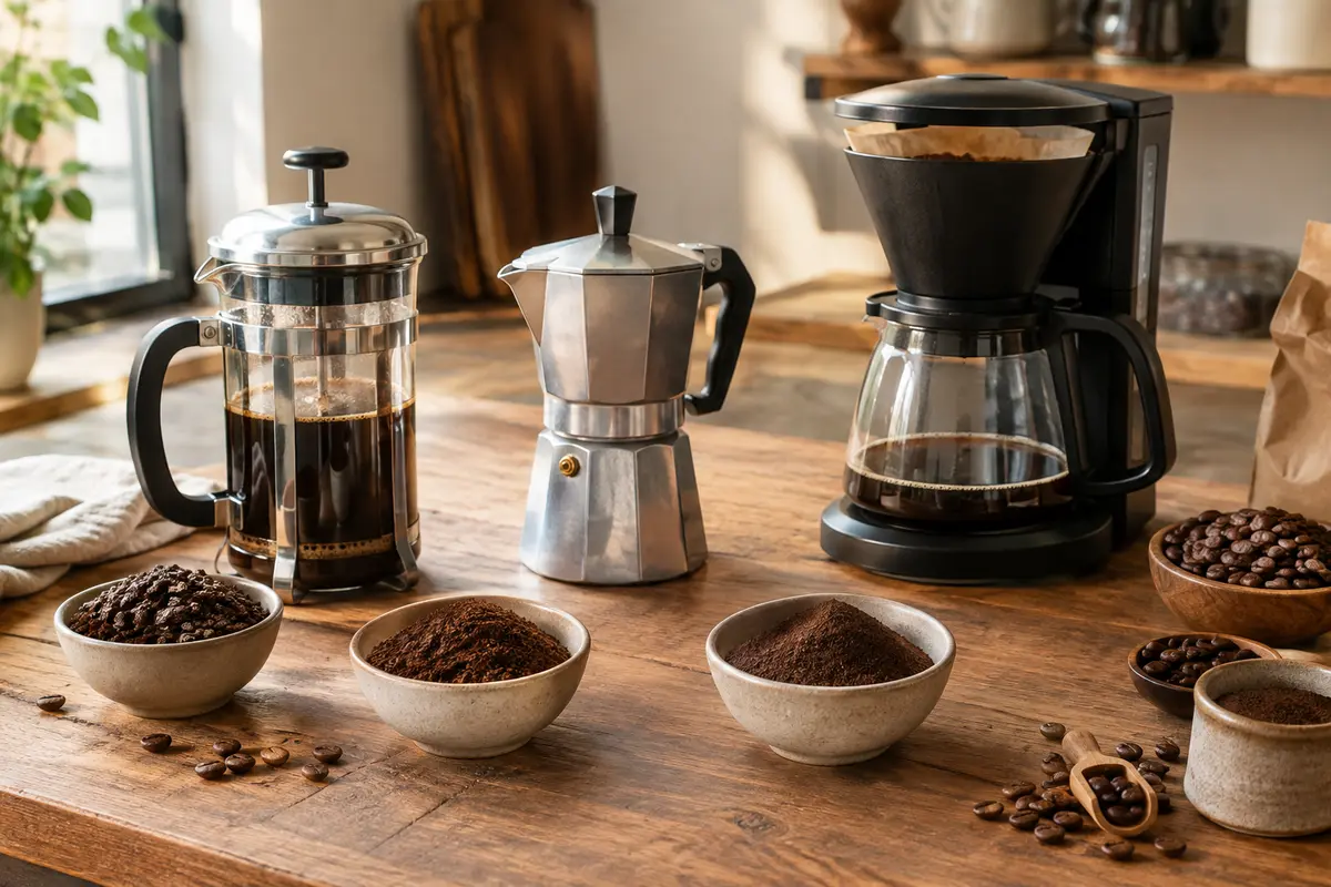 Cafetière à piston, moka et cafetière filtre entourées de cafés moulus de différentes textures