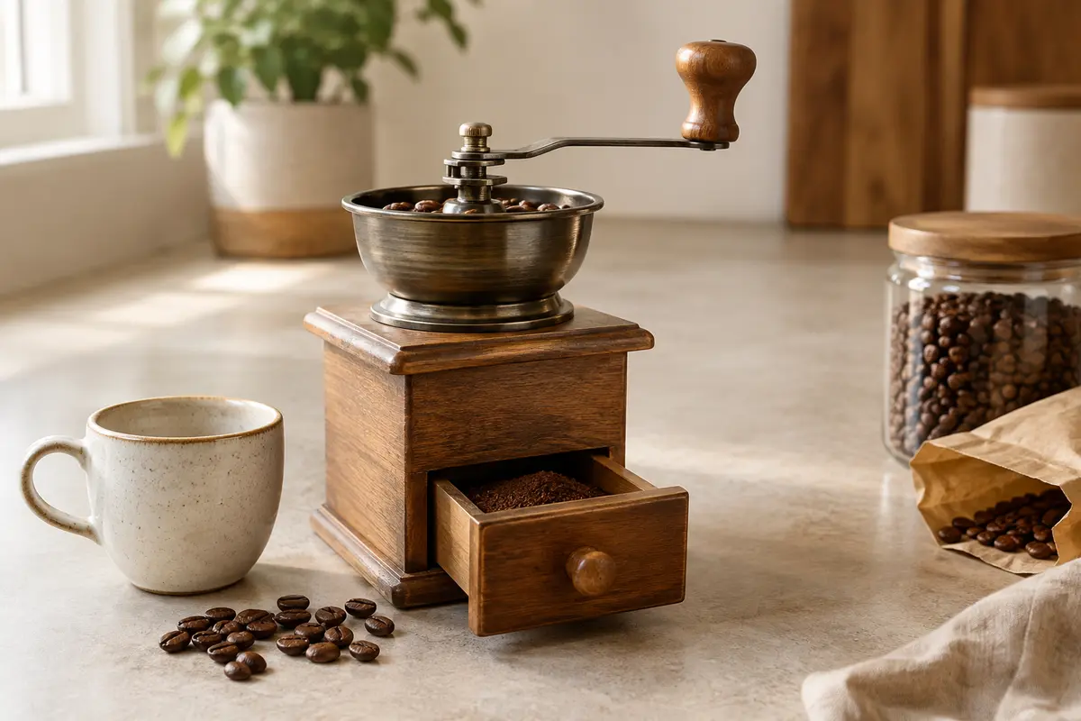 Moulin à café manuel sur un plan de travail, avec des grains de café et une tasse en céramique