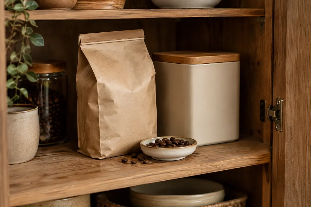 Paquet de café en grains refermé près d’une boîte opaque, dans un placard à l’abri de la lumière