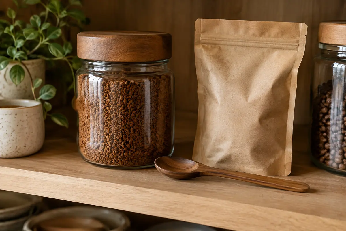 Pot fermé de café soluble et sachet refermable rangés au sec dans un placard de cuisine