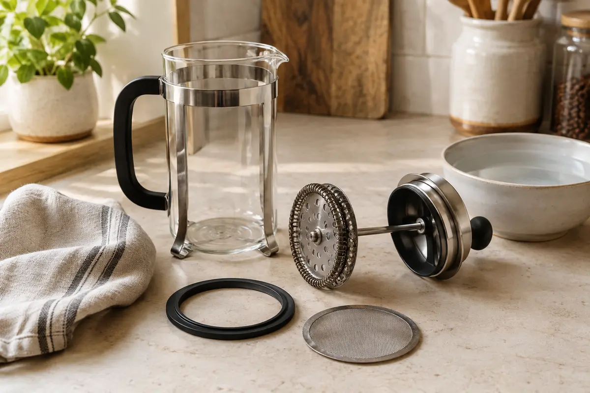 Cafetière à piston démontée avec récipient en verre, filtre métallique et joint prêts à être nettoyés