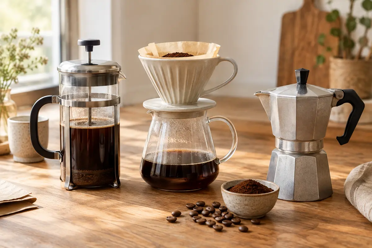 Cafetière à piston, cafetière filtre et cafetière italienne réunies sur un plan de travail