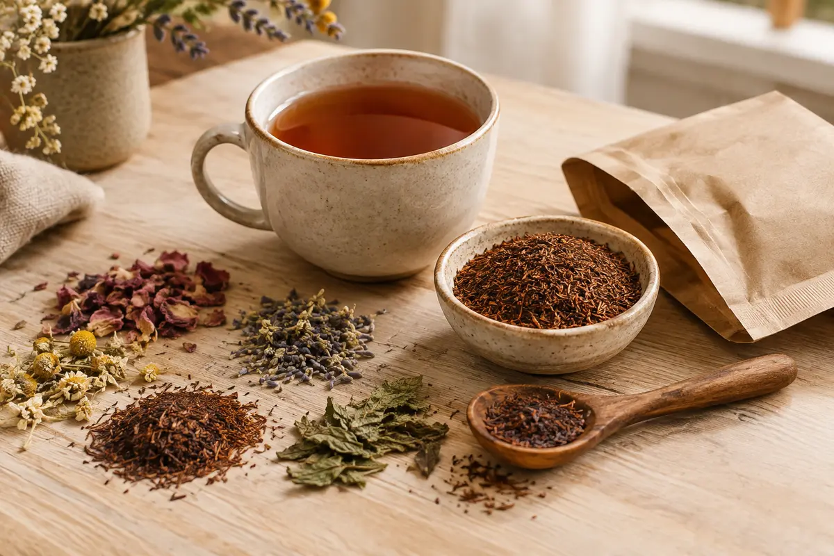 Tasse de rooibos accompagnée de feuilles sèches et d’ingrédients végétaux pour infusion