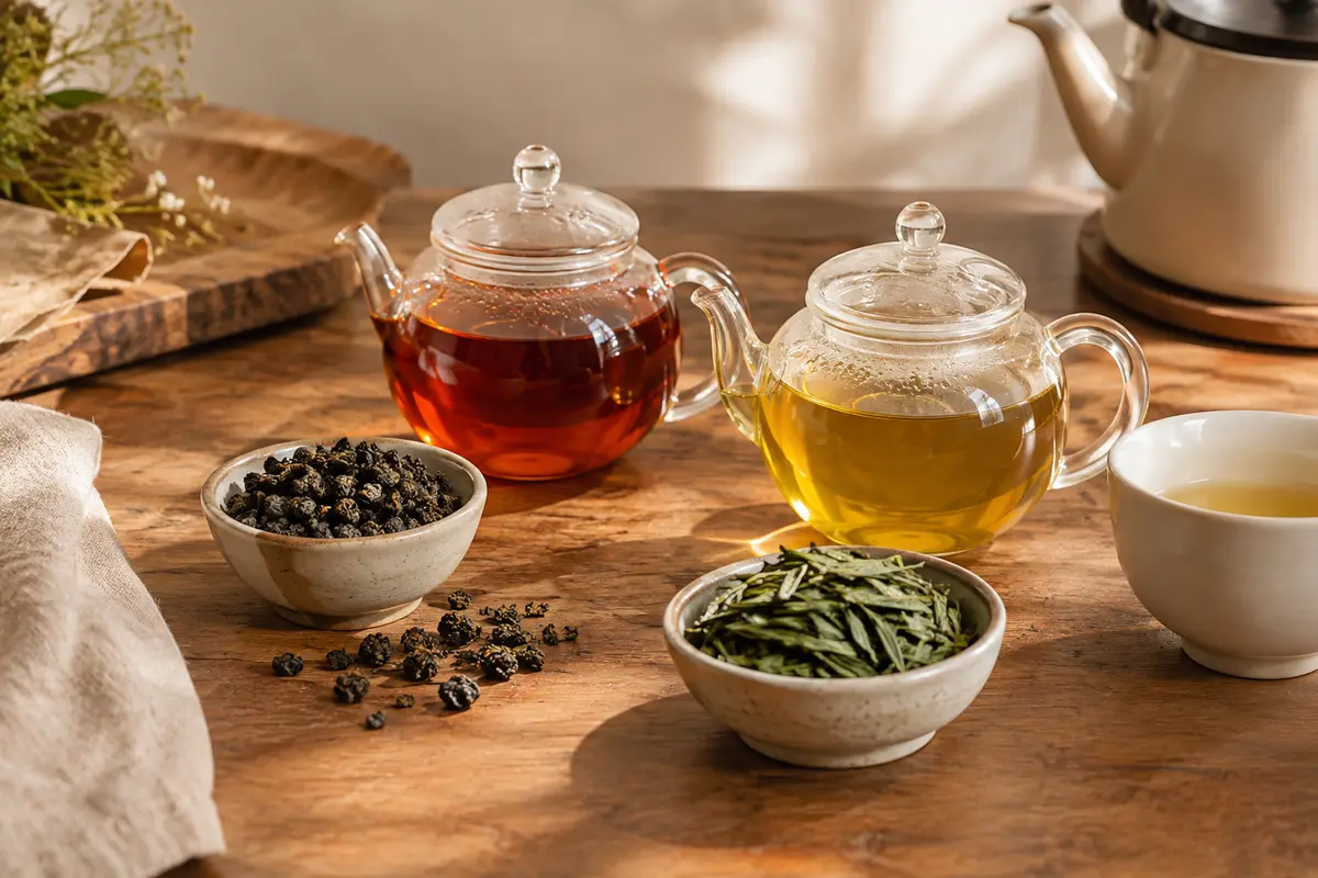 Deux tasses de thé noir ambré et de thé vert doré avec des feuilles sèches sur une table