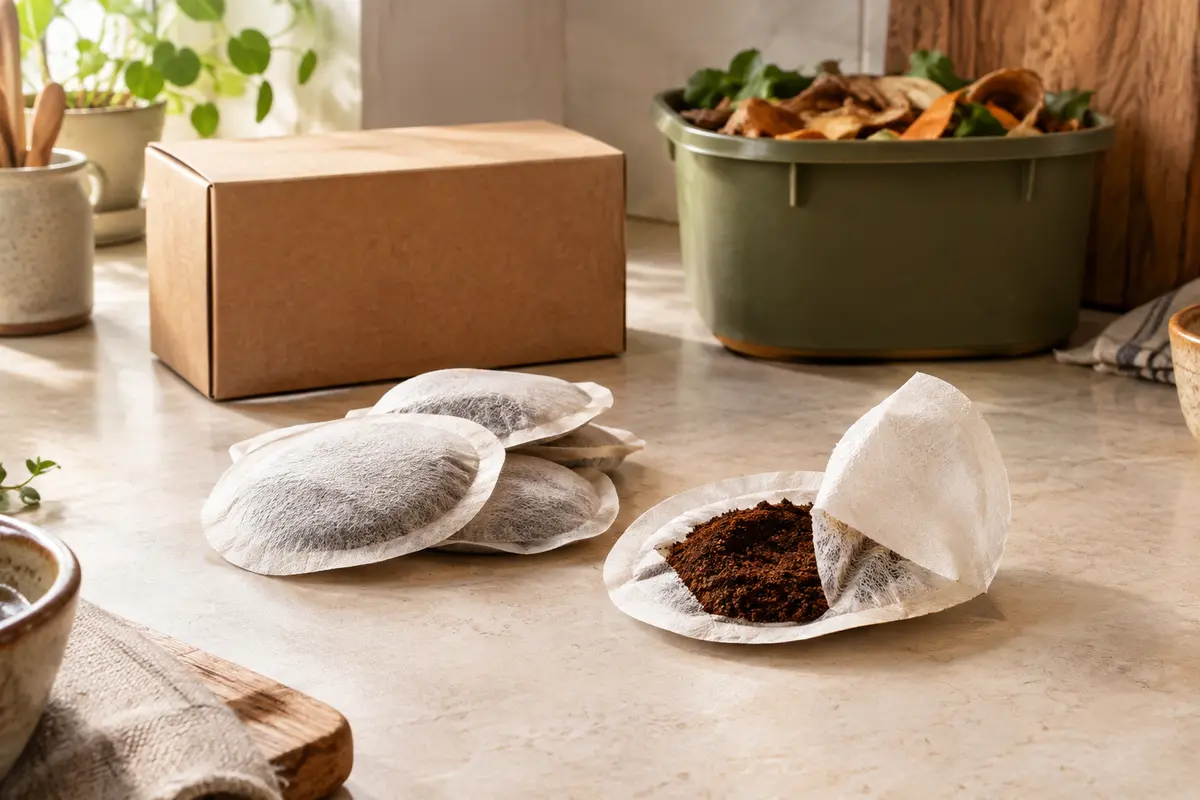 Dosettes de café souples et marc visibles près d’une boîte neutre et d’un composteur domestique