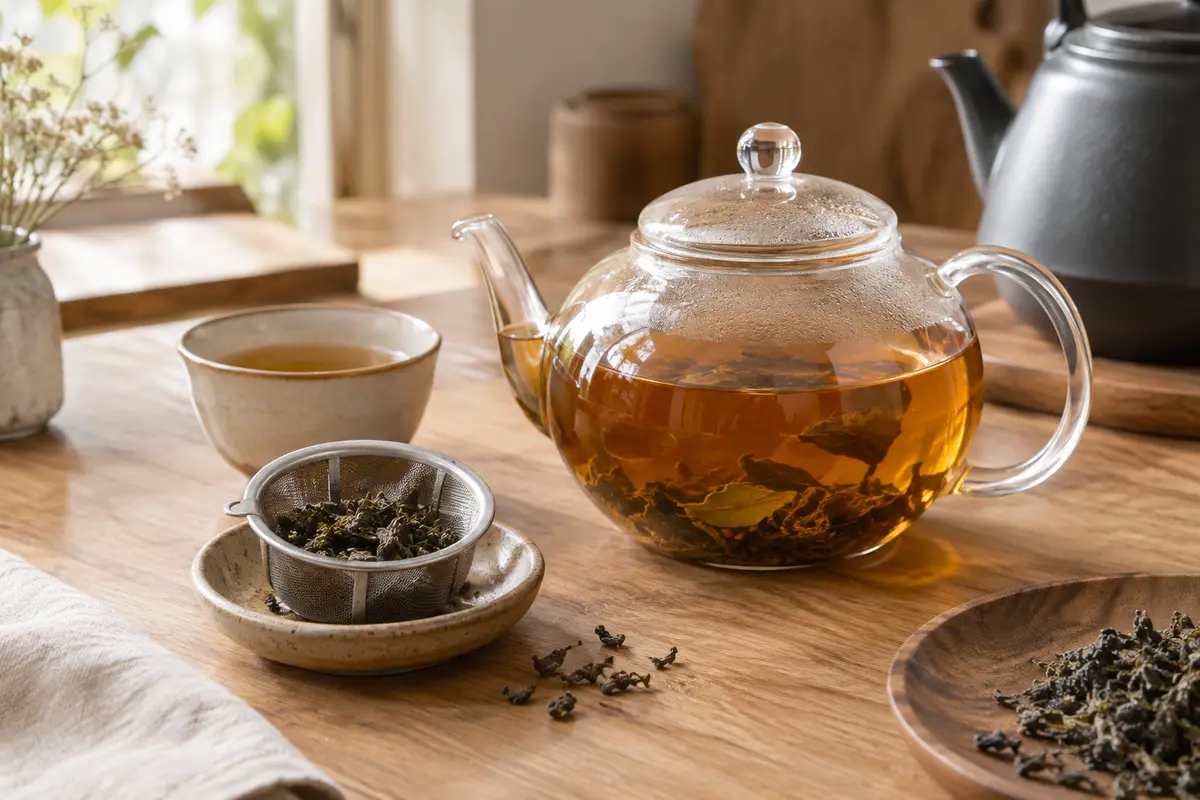 Thé oolong ambré dans une théière en verre, avec feuilles infusées et tasse sur une table
