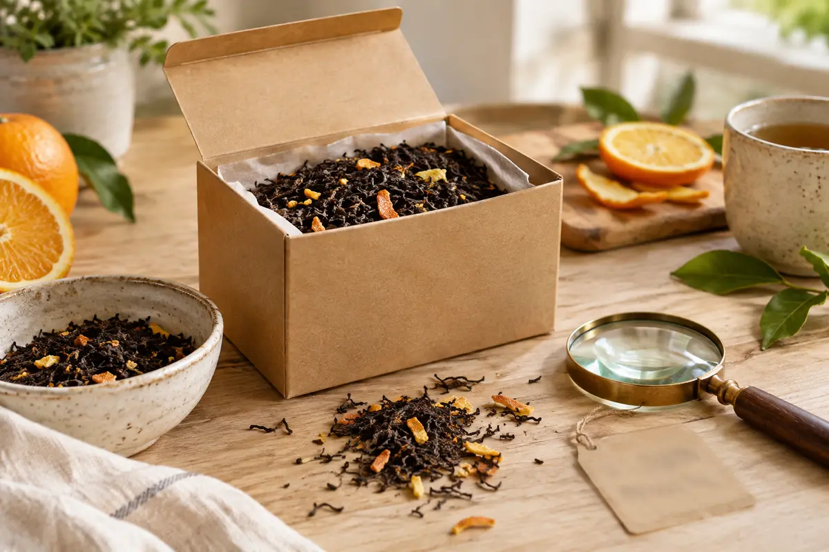 Boîte de thé en feuilles, zestes d’agrumes et loupe près d’une étiquette illisible