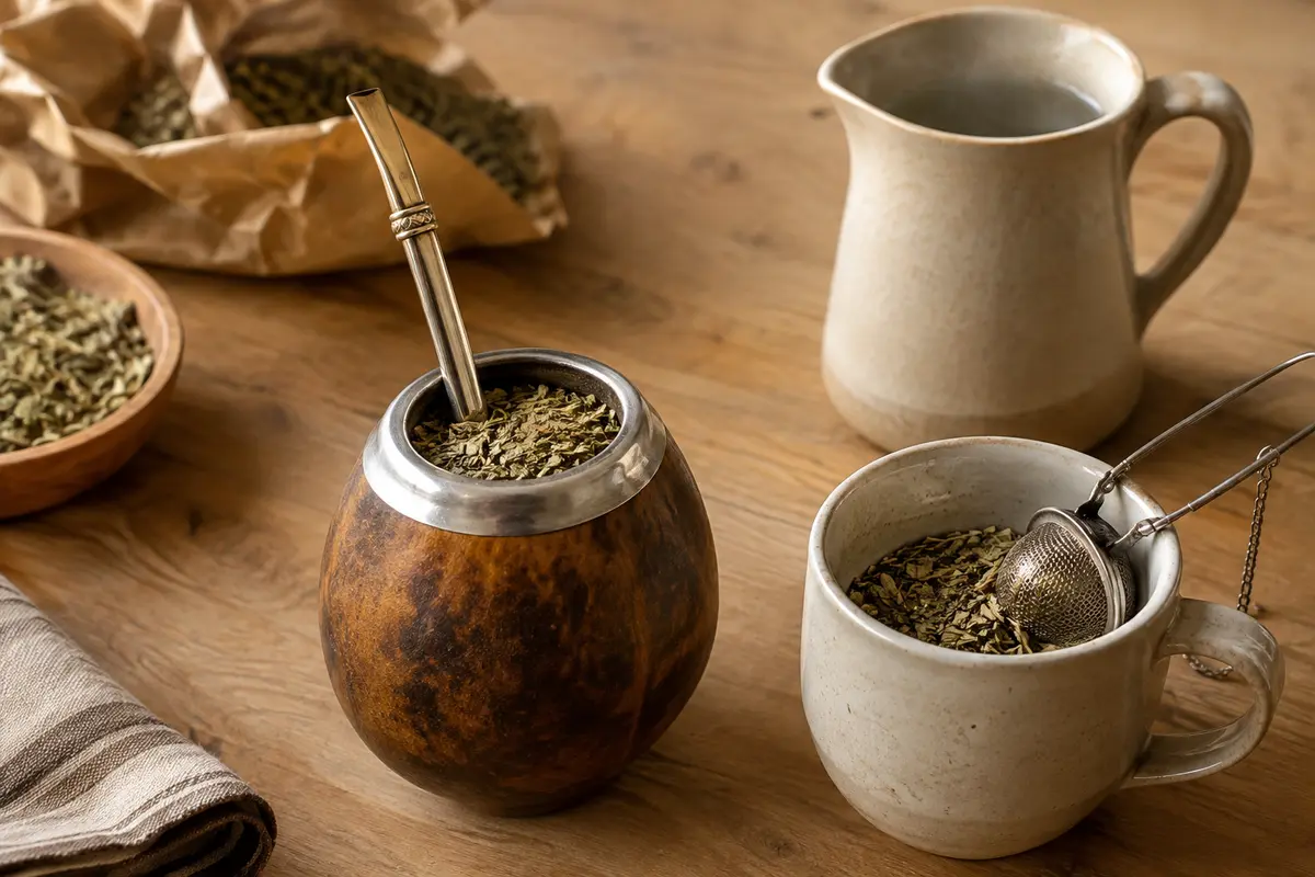 Calebasse et bombilla à côté d’une tasse avec infuseur pour préparer le maté