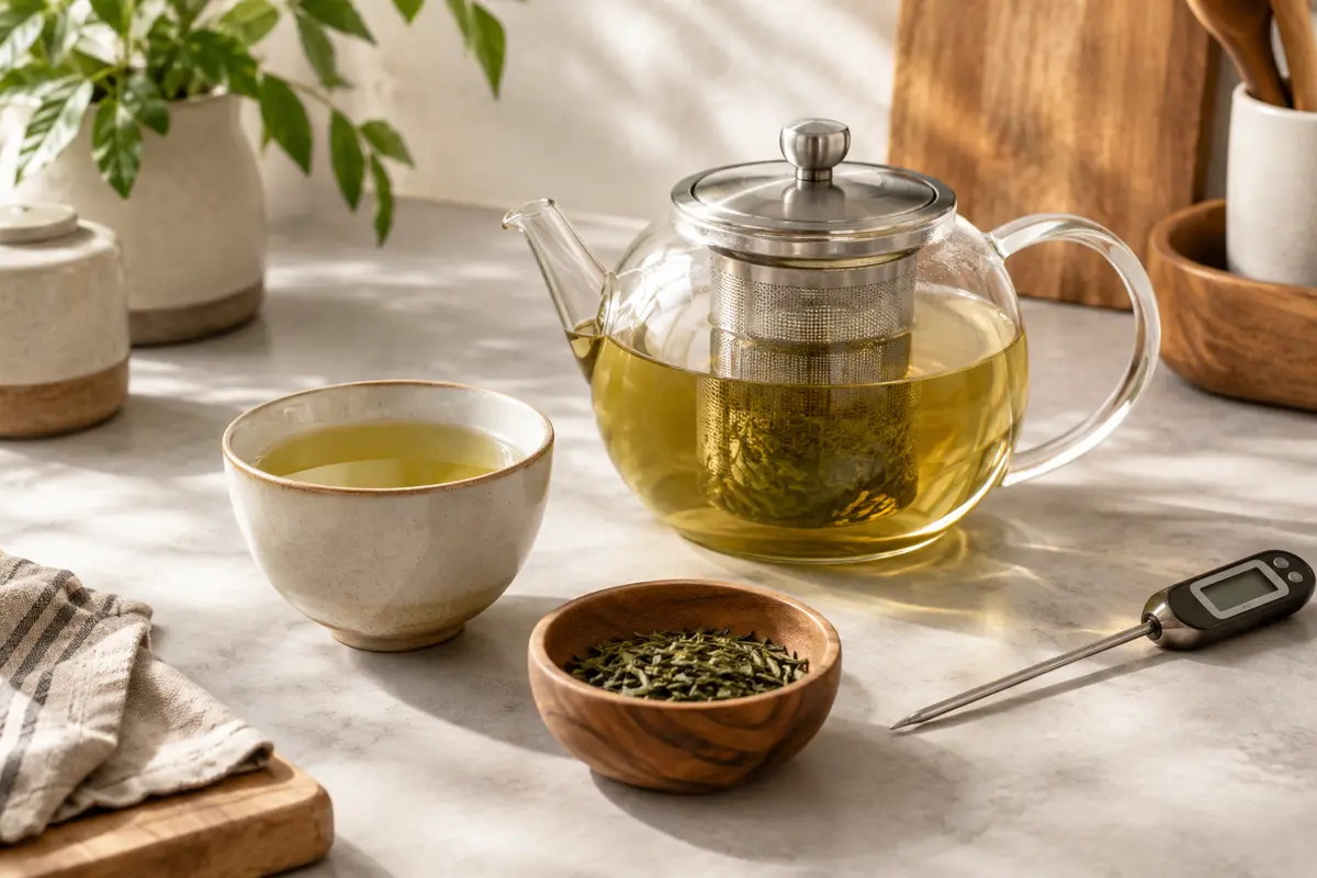 Théière en verre, feuilles de thé vert et thermomètre pour contrôler l’infusion