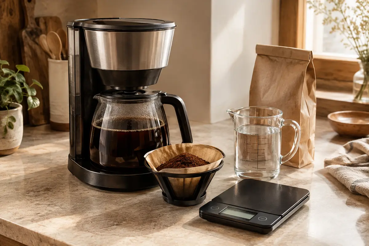 Cafetière filtre, café moulu, balance et verre doseur réunis pour illustrer le dosage selon le volume d’eau.
