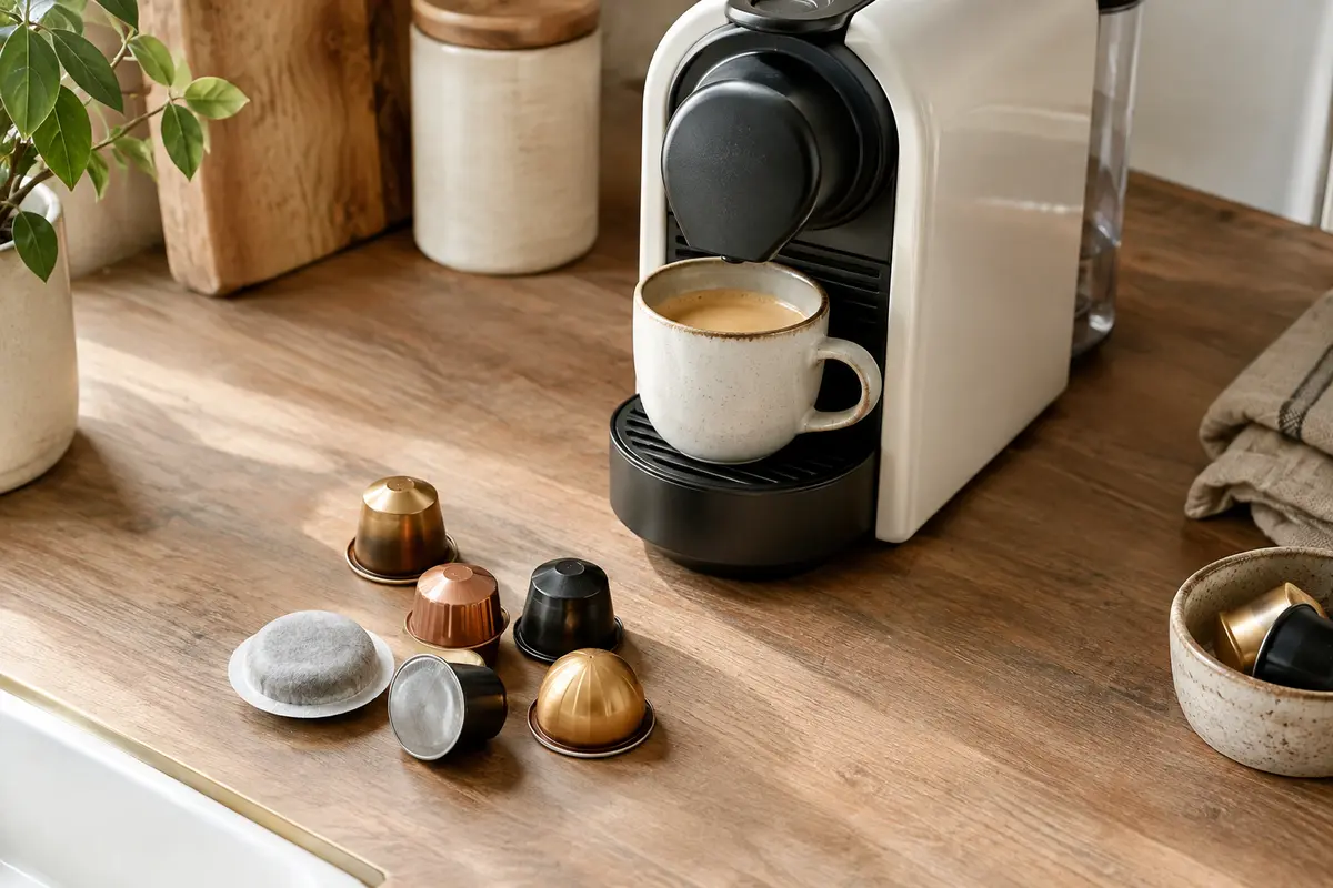 Capsules de café de formes différentes près d’une machine domestique sans marque visible