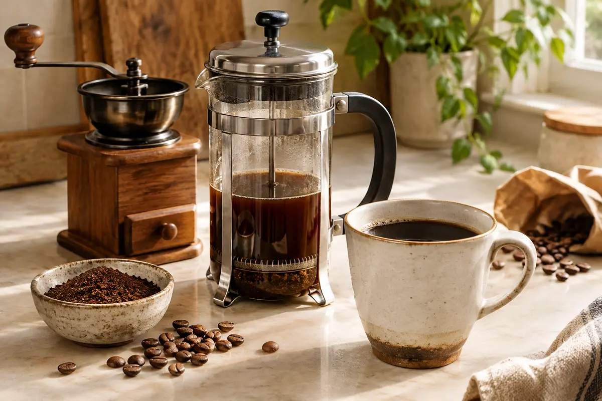 Cafetière à piston, moulin manuel et mouture grossière posés sur un plan de travail clair