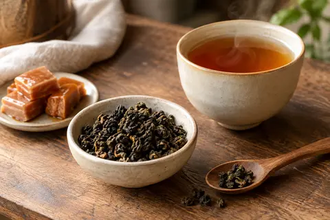 Thé oolong en vrac présenté dans un bol près d’une tasse ambrée et d’une cuillère en bois