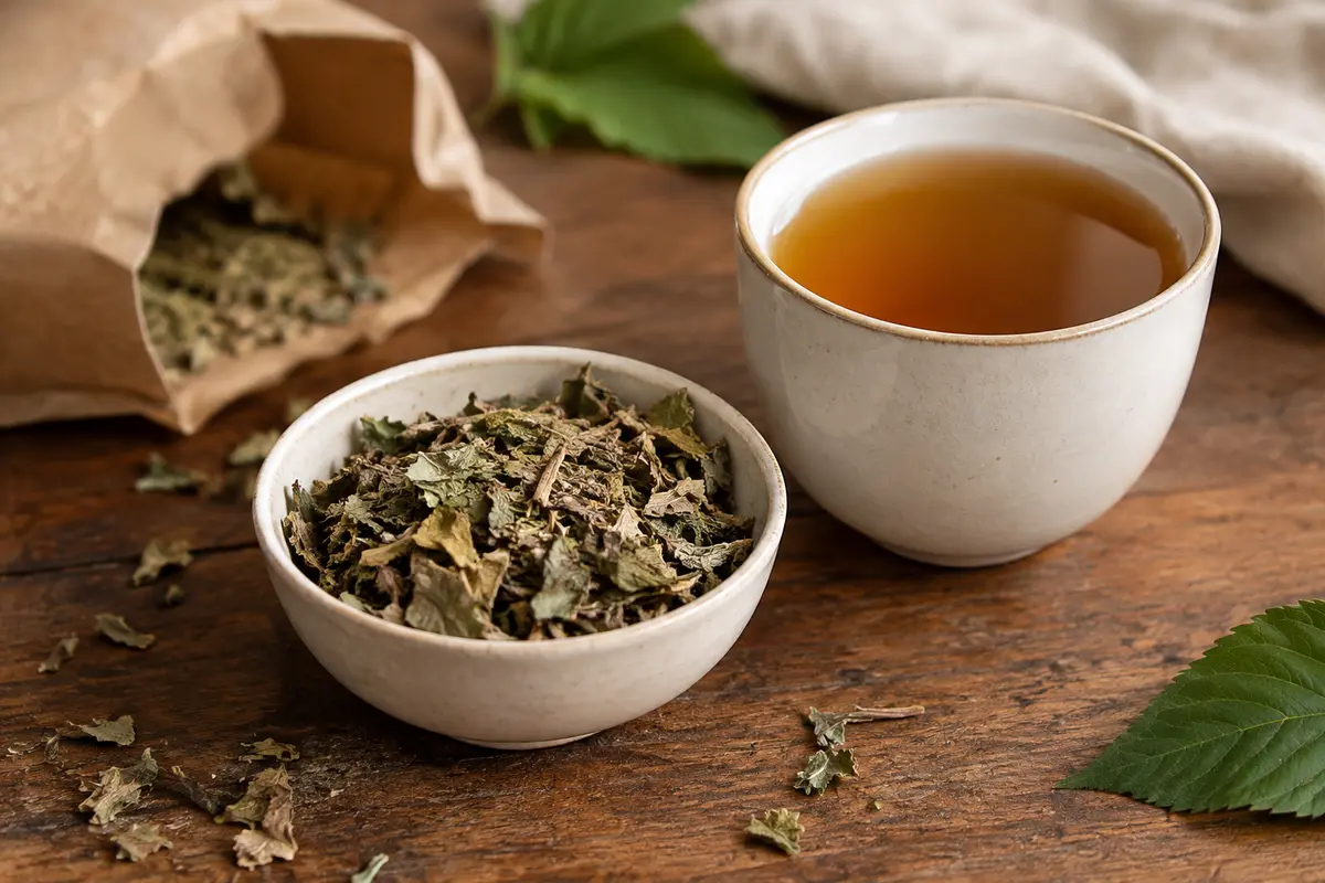 Feuilles de mûrier blanc en vrac près d’une tasse d’infusion ambrée sur un comptoir en bois