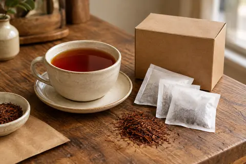 Tasse de rooibos ambré accompagnée de sachets blancs sur un comptoir en bois patiné.