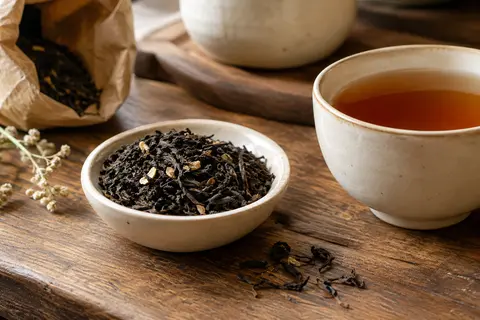 Thé noir Earl Grey en feuilles près d’une tasse ambrée, sur un comptoir en bois patiné.