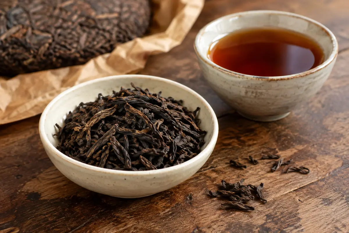 Feuilles de thé pu-erh en vrac près d’une tasse ambrée, sur un comptoir en bois patiné.