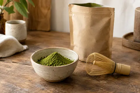 Poudre de matcha vert dans un bol en céramique, avec un fouet sur un comptoir en bois