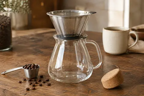 Cafetière pour-over en verre avec filtre inox, mesure à café et bouchon en liège sur un comptoir en bois.