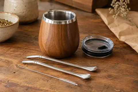 Gobelet à maté isotherme à aspect bois avec deux bombillas et une brosse sur un comptoir artisanal.