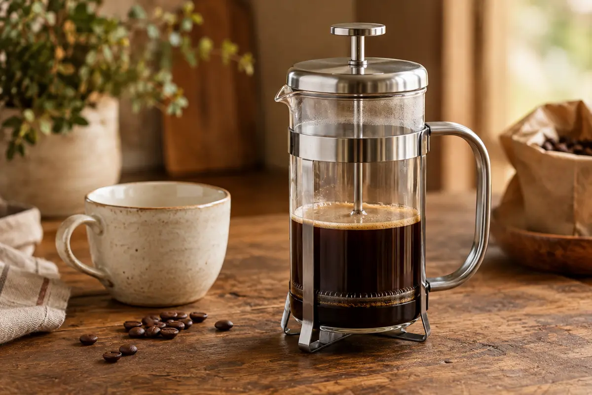 Cafetière à piston en verre transparent et acier inoxydable posée sur un comptoir en bois patiné.