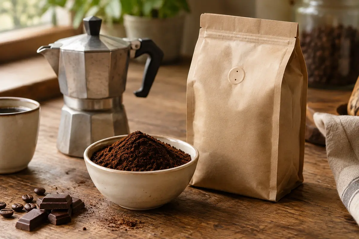 Café moulu Bialetti aux notes de chocolat, présenté dans une coupelle près d’un sachet souple