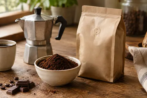 Café moulu Bialetti aux notes de chocolat, présenté dans une coupelle près d’un sachet souple