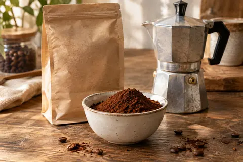 Café moulu décaféiné dans un bol en céramique, avec un sachet souple et une cafetière moka