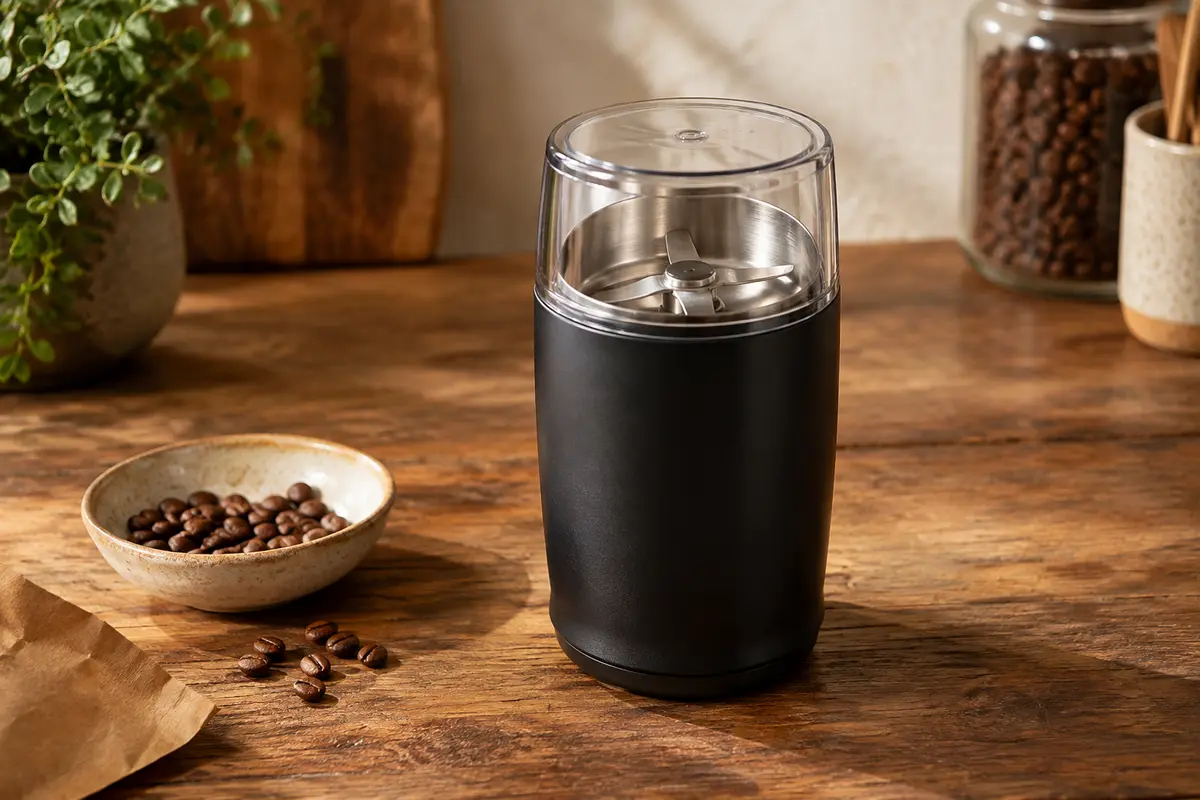 Moulin à café électrique noir avec récipient inox et couvercle transparent sur un comptoir en bois