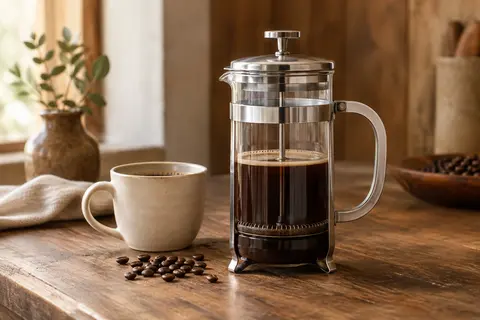 Cafetière à piston en verre borosilicaté et acier inoxydable posée sur un comptoir en bois