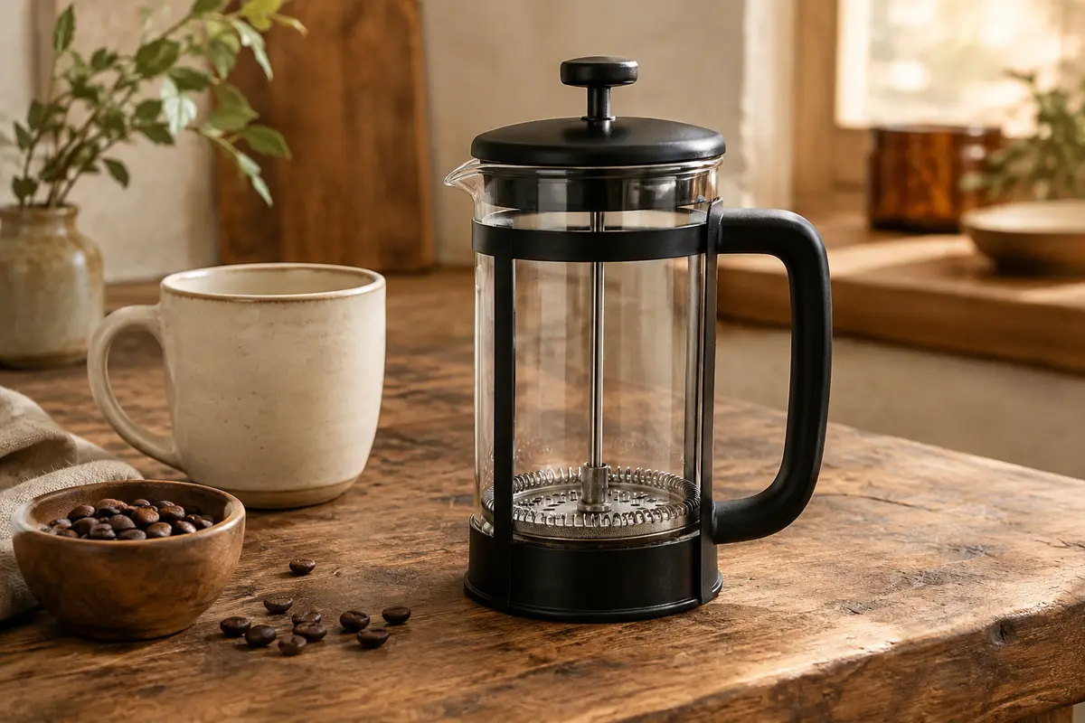 Cafetière à piston Bodum Kenya en verre transparent avec cadre noir, posée sur un comptoir en bois.