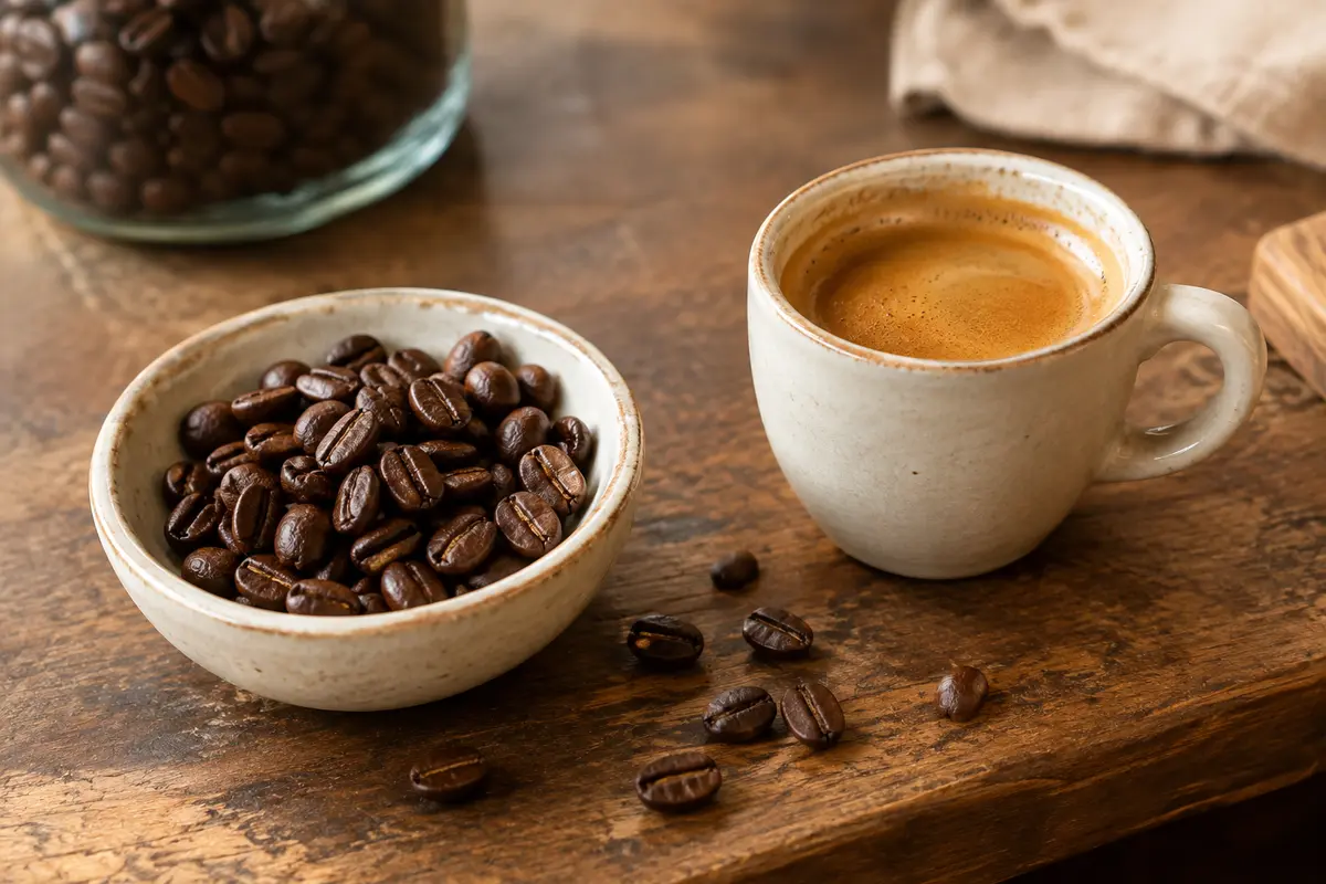 Grains de café torréfiés Bonka présentés près d’un espresso à la créma onctueuse