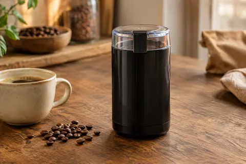 Moulin à café électrique Bosch noir et compact, posé sur un comptoir en bois près de grains de café.