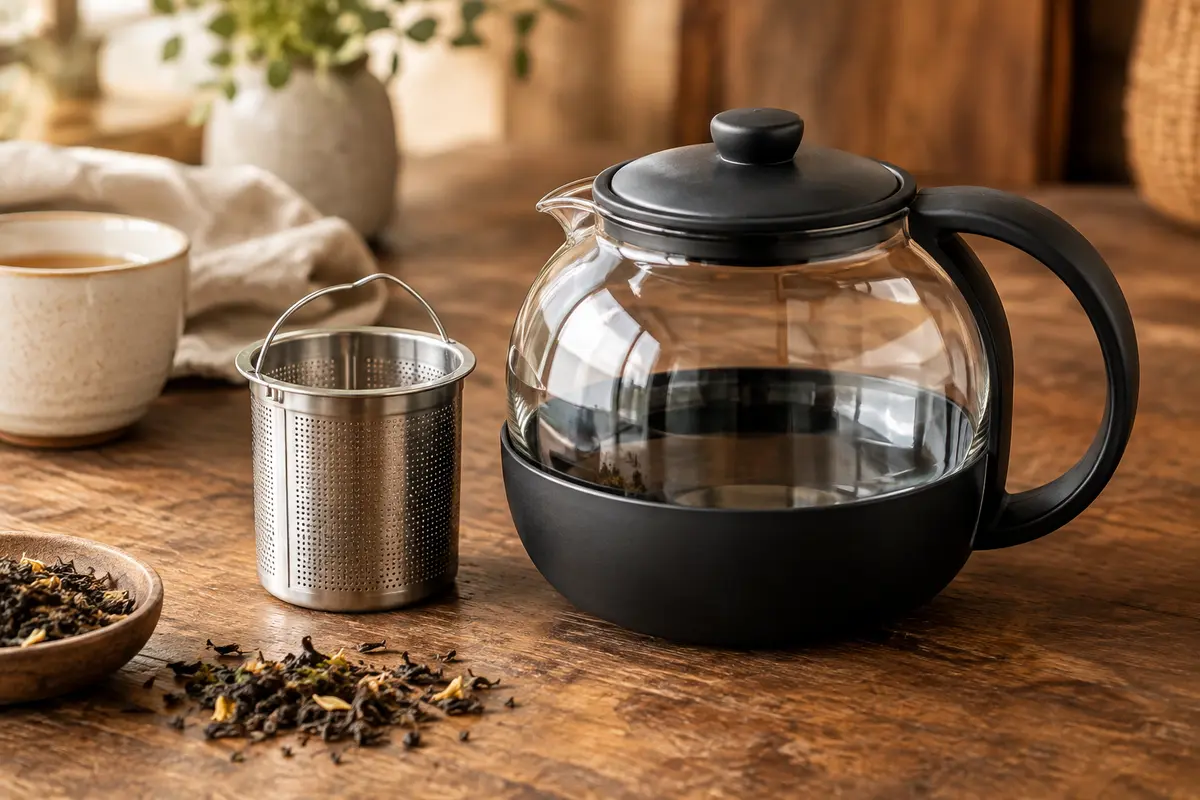 Théière en verre au boîtier noir avec son panier infuseur en acier inoxydable posé à côté